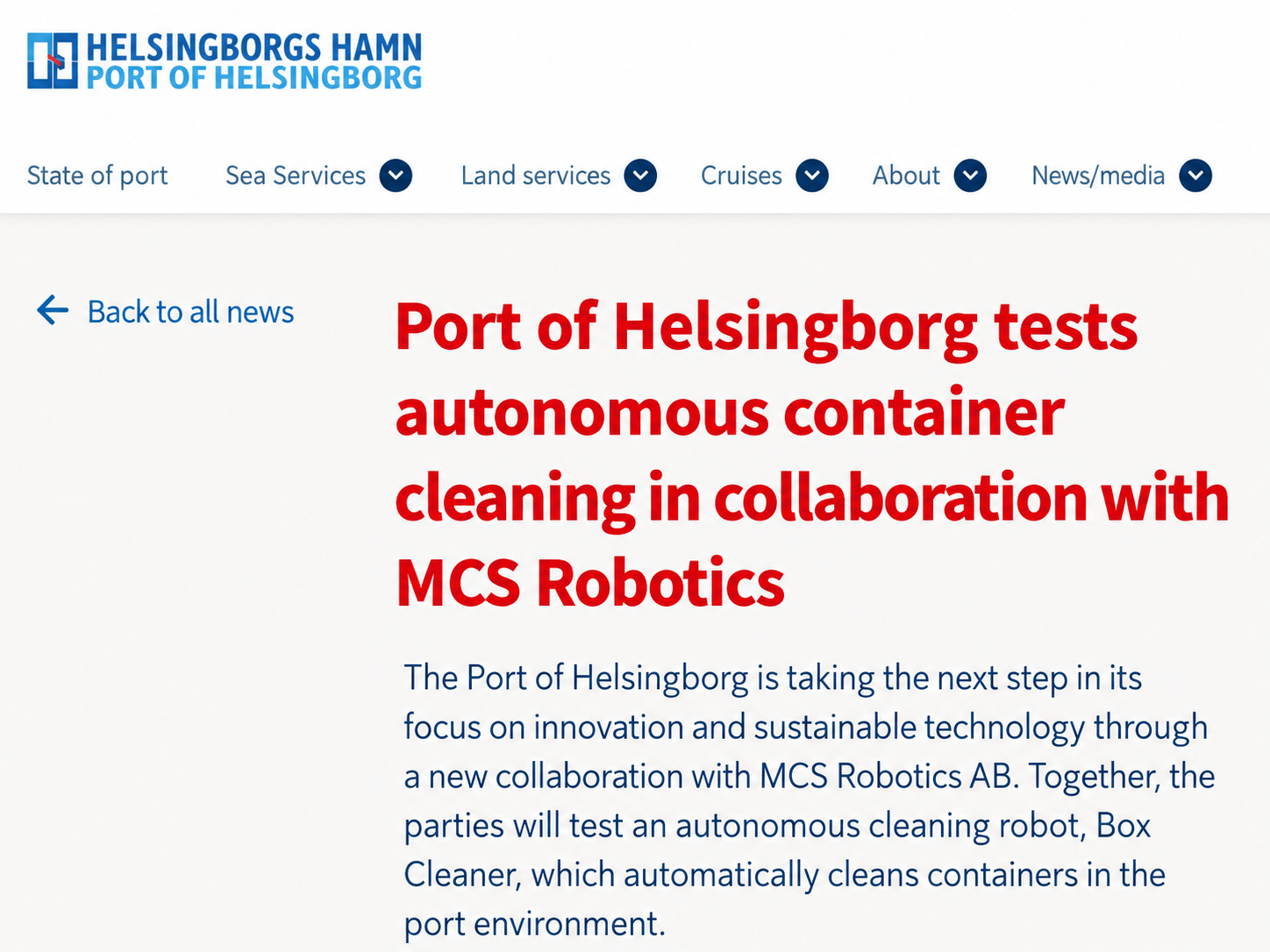Port of Helsingborg article about MCS Robotics