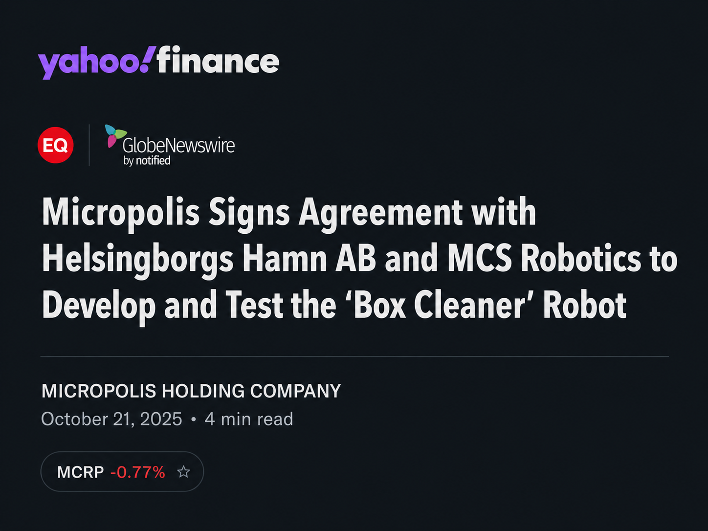 Yahoo Finance coverage mentioning MCS Robotics
